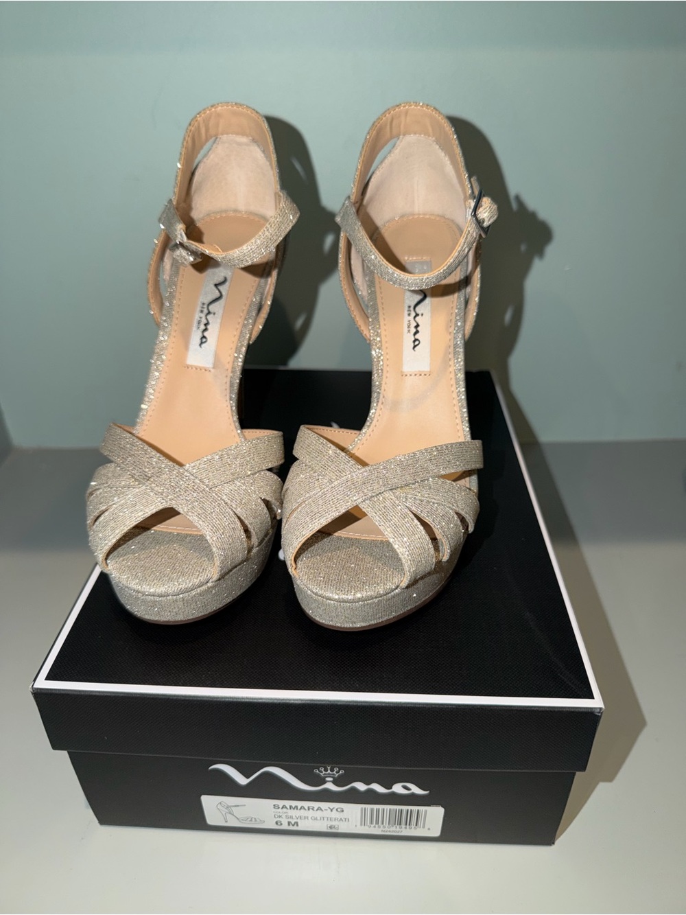 Nina Samara Silver glitter Platform Heel Sandals